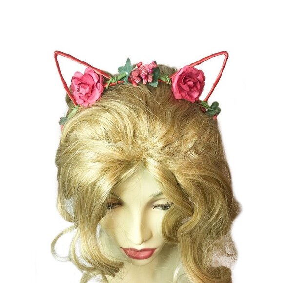 Red Charm Cat Ear Floral Flower Headband Kitten Halloween Hair Band Costume - Picture 2 of 2